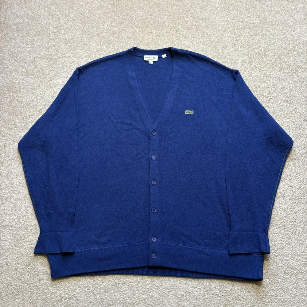 Lacoste Sweater Mens 3XL Blue Knit Cardigan V Neck Relaxed Fit Croc Logo